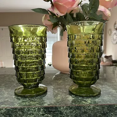 Buy 2 VTG Indiana Glass Whitehall Avocado Green Cubist Tumblers Footed Tea Glasses • 19.84£