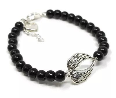Buy Black Glass Faux Pearl Angel Wings & Heart Bracelet With Organza Gift Bag • 4.45£