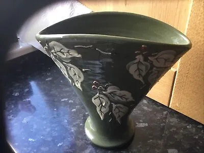Buy Fan Shaped Green Vase With Cream & Brown Leaves Royal Barum Devon • 18.99£