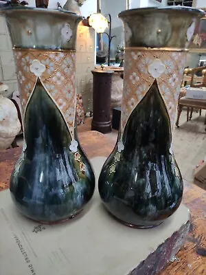 Buy Pair Royal Doulton Lambeth Stoneware Salt Glaze Green Art Nouveau Vase 8848t 12” • 50£
