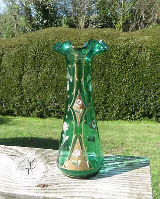 Buy Vintage Bohemian Green Glass Enamelled Vase - Floral Decoration • 14.99£
