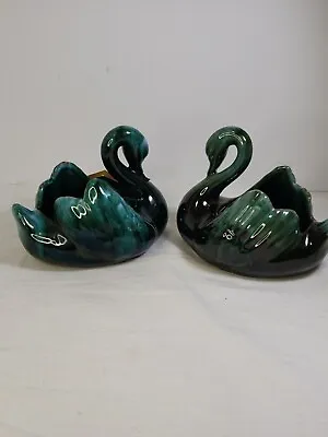 Buy Pair Of Vintage Blue Mountain Drip Glazed Ceramic Pottery Blue Green Swans • 28.43£