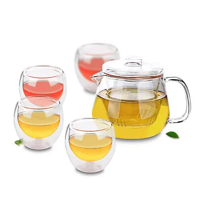 Buy Tea Set - 485ml Heat Resistant Glass Flower Teapot + 4x Double Wall Tea Cups • 28.16£
