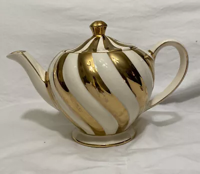 Buy Vintage Sadler Fine Bone China Gold Cream Swirl Stripe Individual Teapot 1552 • 34.14£