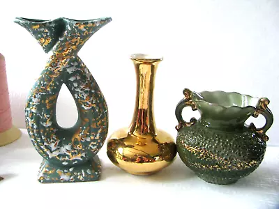 Buy Lot Of 3 Coordinating Green Gold Vases 7   5   3.5  Ceramic Pottery Valentine • 10.62£