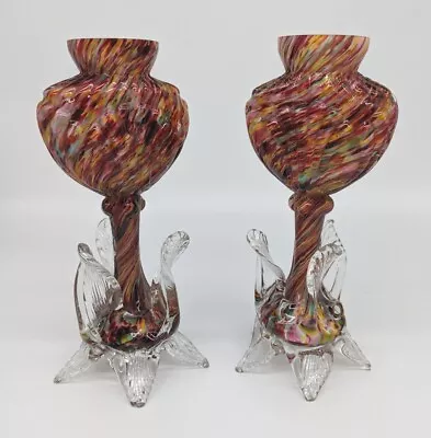 Buy Antique Czech Art Glass Vases Set, Splatter Glass Bohemian Glass, Excellent Cond • 105£