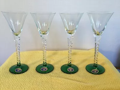 Buy  4 Bohemian Czech Crystal Sherry Cordial Glasses Clear Emerald Green • 37.60£