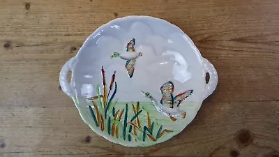 Buy Vintage Shorter Pottery Hand Painted Flying Ducks Two Handled Shallow 8  Dish • 6£