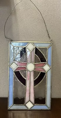 Buy Hanging Stained Glass Window Panel Cross 8.5  H X 5.5  W Blue Pink Rectangle • 28.77£