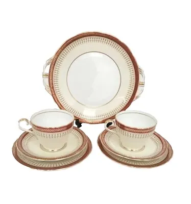 Buy Aynsley Tea Cups Saucers Serving Tray Red Gold Tone Fern Trim Bone China England • 32£