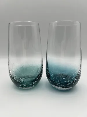 Buy Pier 1 Imports Teal Blue Crackle Glass Highball Tumblers Glasses ~ Set Of 2 • 37.93£