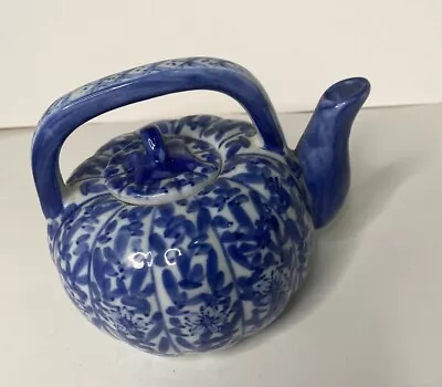 Buy Vintage Chinese Small Blue And White Porcelain Pumpkin Shaped Teapot • 16.21£