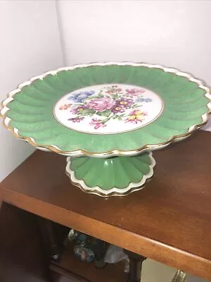 Buy Crown Staffordshire Pedestal Compote Cake Dish Green Floral/Gold Pattern England • 61.67£