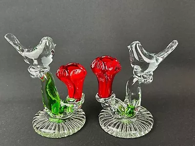 Buy Pair Blown Glass Bird With Red Flower Candle Sticks Candlesticks Art Glass • 24.01£