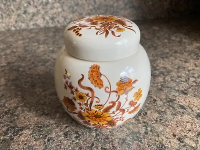 Buy Vintage SADLER Pottery - Round Lidded Ginger Jar - Brown/Yellow/Orange Flowers • 9.99£