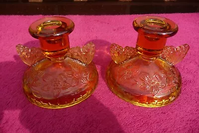 Buy Pair Of Vintage Amber Glass Candle Holders . • 10£