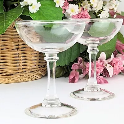 Buy Two Clear Glass Champagne Glasses Modernist Stemware Wafer Faceted Stem Coupe • 9.60£