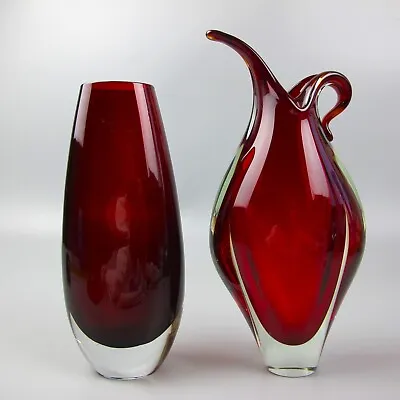Buy Murano Sommerso Glass Vases X 2. Red Cased In Clear. 1960's Vintage. 7  & 8.25  • 49.99£