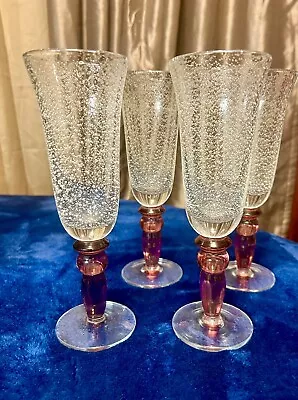 Buy Pottery Barn 4 Clear Bubble Effect Burgundy Stem Flute Goblets Glasses PBY6 9  T • 67.12£