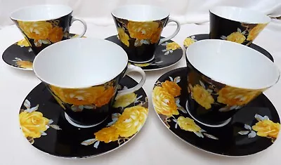 Buy 5 Aynsley Art Deco Cups And Saucers  BLACK W/ YELLOW Roses Some Faults But WOW • 9.99£