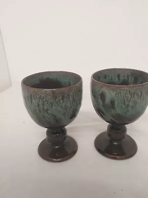 Buy Vintage Woburn Pottery 2 X  Green Blue Drinking Goblets 11 Cm (H12) • 7.99£
