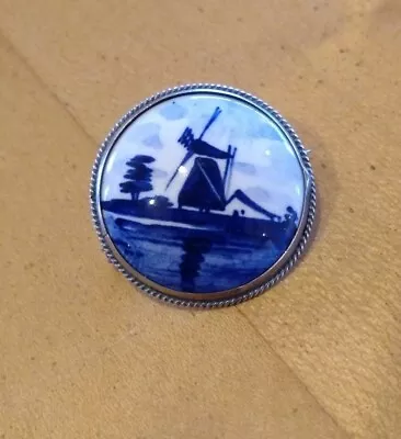 Buy Delft Hand Painted Vintage Silver Brooch • 15£