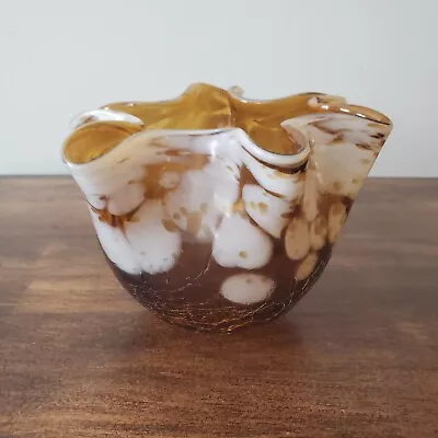 Buy Amber Crackle White Spotted Art Glass Vase Hand Blown Ruffled Rim Bowl 5 X3.75  • 21.13£