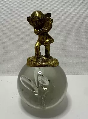 Buy Vintage Clear Glass Controlled Bubble Paperweight W/ Brass Angel Cherub W/ Lute • 14.22£