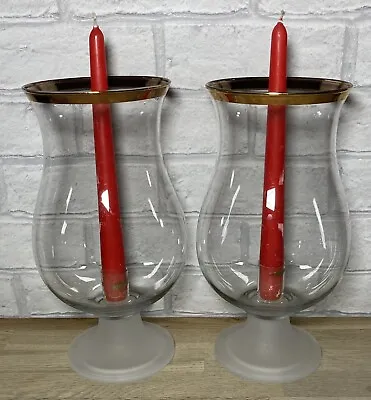 Buy 2x Large Glass Hurricane Candle Holder With Frosted Base And 2 Red Candlesticks • 14.99£
