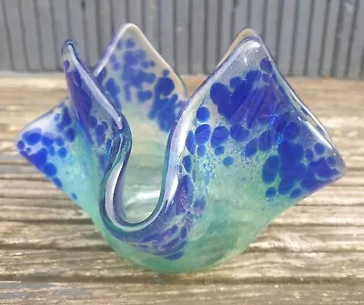 Buy Blue & Green Mottled Handkerchief Art Glass Tealight Votive Candle Vase • 3£