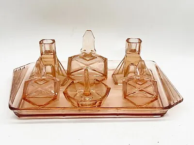 Buy Vintage Antique Art Deco Pink Glass Dressing Table Set Glassware With Tray • 49.99£