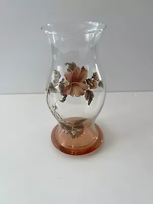 Buy VTG Pink Base Glass Candle Holders W/ Hurricane Chimney, Flower Designs Hibiscus • 23.72£