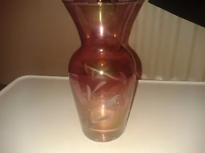 Buy Vintage Cranberry Glass Vase. Etched Flowers Image. (B17) • 5.99£