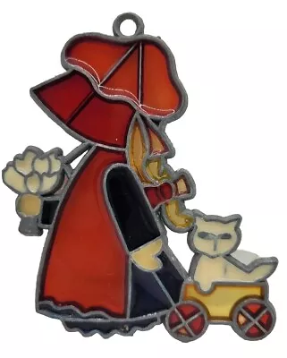 Buy 1970s Stained Glass Sun Catcher Little Bonnet Girl With Cat In A Wagon 3.5x3  • 10.95£