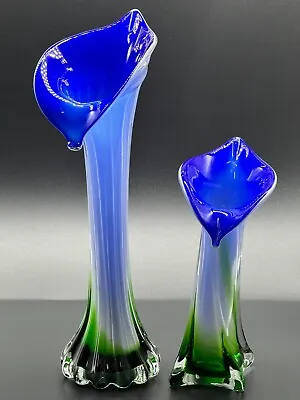 Buy Two Blue And Green Hand Blown Jack In The Pulpit Art Glass Vases • 75.50£