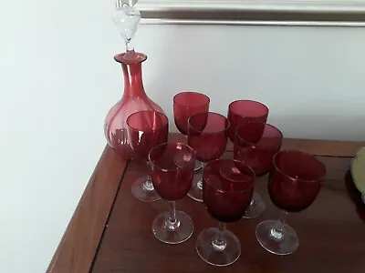 Buy Antique/Vintage Cranberry Glass  Decanter & 12 Cranberry Glass Sherry/ Port... • 49£