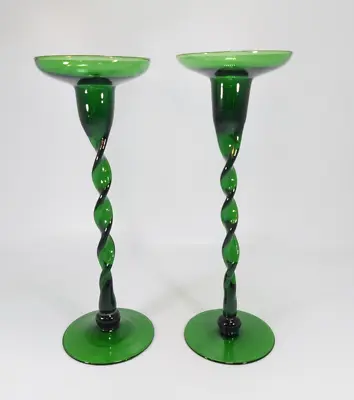 Buy Green Glass Twisted Stem Candlesticks  MCM Christmas Table See Description AF • 34£