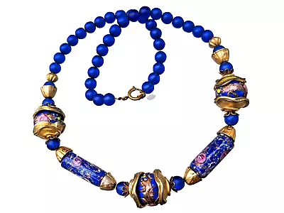 Buy Fine Vintage Murano Glass Necklace/Crackled Gold/Blue/Enamel Roses/Millefiori • 9.95£