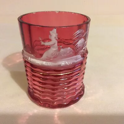 Buy Antique Victorian Mary Gregory Round Cranberry Ribbed Base Beaker/Vase 4” Tall • 37£