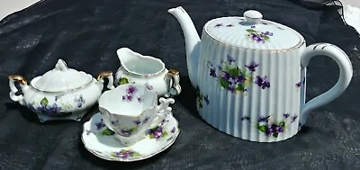 Buy Vintage LEFTON China  Sweet Violets  TEAPOT TEACUP & SAUCER CREAMER & SUGAR SET • 67.20£