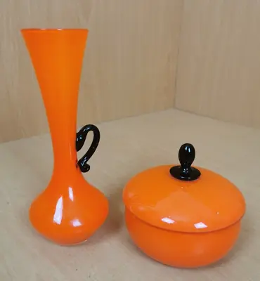 Buy 1970s Vintage Scandinavian Style Vibrant Orange Glass Vase & Trinket Box • 24£