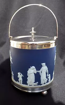 Buy Antique Wedgwood Jasper Ware Pottery Biscuit Barrel - Silver Plate Fittings • 33.99£