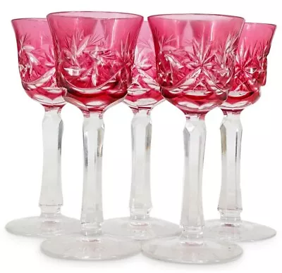 Buy S/5 Vintage Bohemian Cut Glass Cranberry Cordial Glasses Stemware Set • 114.02£