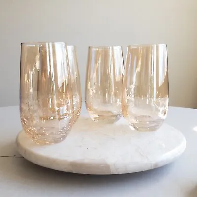 Buy Set Of 4 - Pier 1 Amber Gold Tall Crackled Style Glass Tumblers Old Fashioned 6” • 32.24£