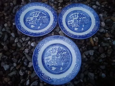 Buy 3 Vintage Woods Ware Blue & White Willow Pattern Dinner Plates 22.5cm 9 Inch • 8.50£