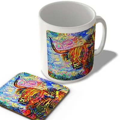 Buy Scottish Highland Cow Multicoloured Art Print - Mug And Coaster • 12.99£
