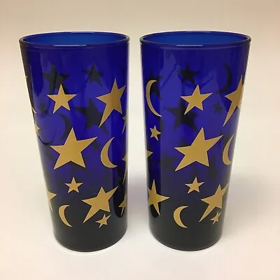 Buy Cobalt Blue Moon And Stars Tumblers Drinking Glasses 16 Oz.~Set Of 2 • 17.01£