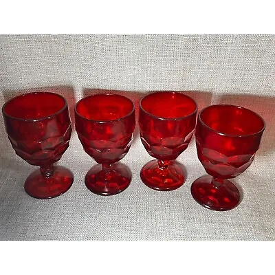 Buy Vintage Set Of 4 Ruby Red Glasses Tumblers Honey Comb Design Footed Water Glasse • 38.61£