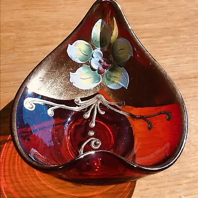 Buy Bohemian Czech Ruby Glass Heart Shape Trinket Dish Enamel Flowers Gold • 10£