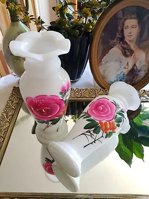 Buy Antique Opaline Milk Glass Hand Painted Pair Of Vase • 159.99£